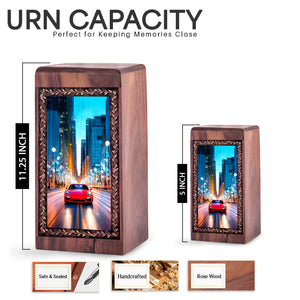 Luxury Racing Car Funeral Urn For Human Ashes - Neon Skyline Theme Wooden Urn