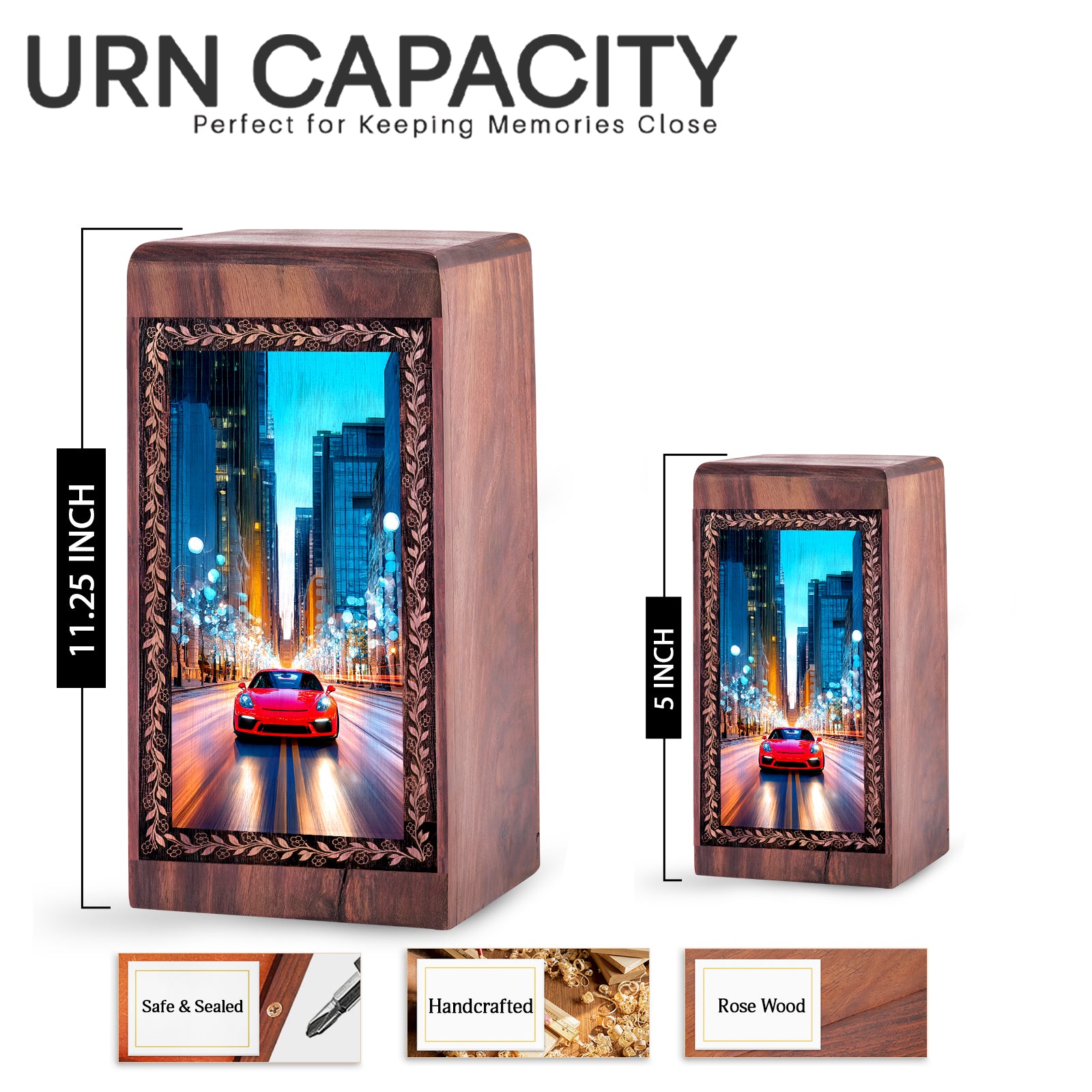 Luxury Racing Car Funeral Urn For Human Ashes - Neon Skyline Theme Wooden Urn