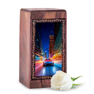 Neon Luxury Car Memorial Urn - Neon Urban Speed Theme Cremation Keepshake For Ashes