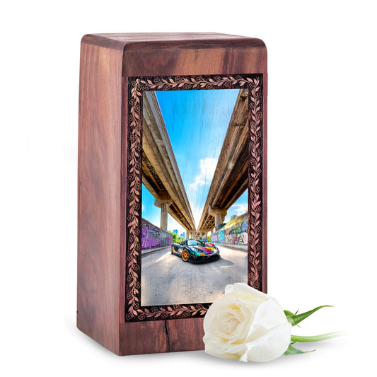 Urban Bridge Sports Car Theme Wooden Urn - Funeral Cremation Keepshake For Adult Female