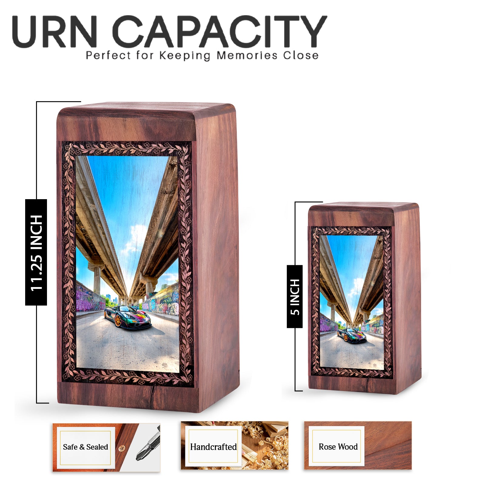 Urban Bridge Sports Car Theme Wooden Urn - Funeral Cremation Keepshake For Adult Female
