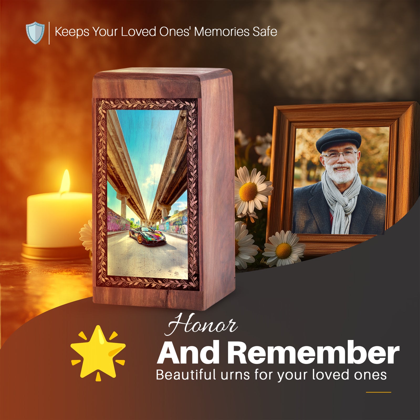 Urban Bridge Sports Car Theme Wooden Urn - Funeral Cremation Keepshake For Adult Female