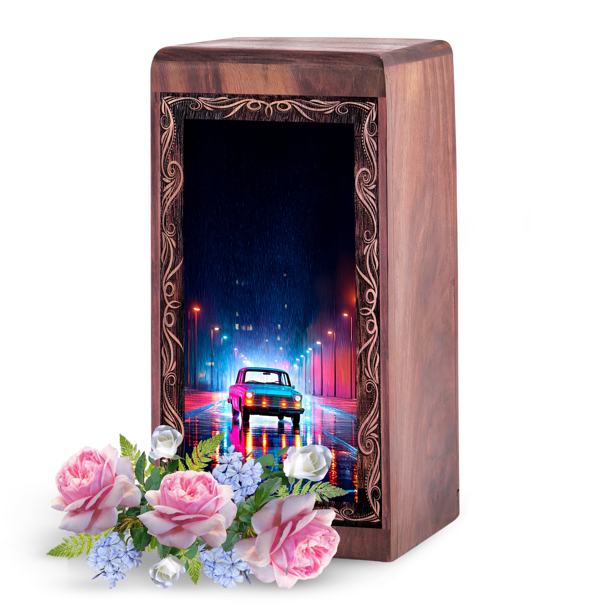 Car Wood Cremation Urn for Human Ashes – Night Theme Wooden Urn Box for Adult Male