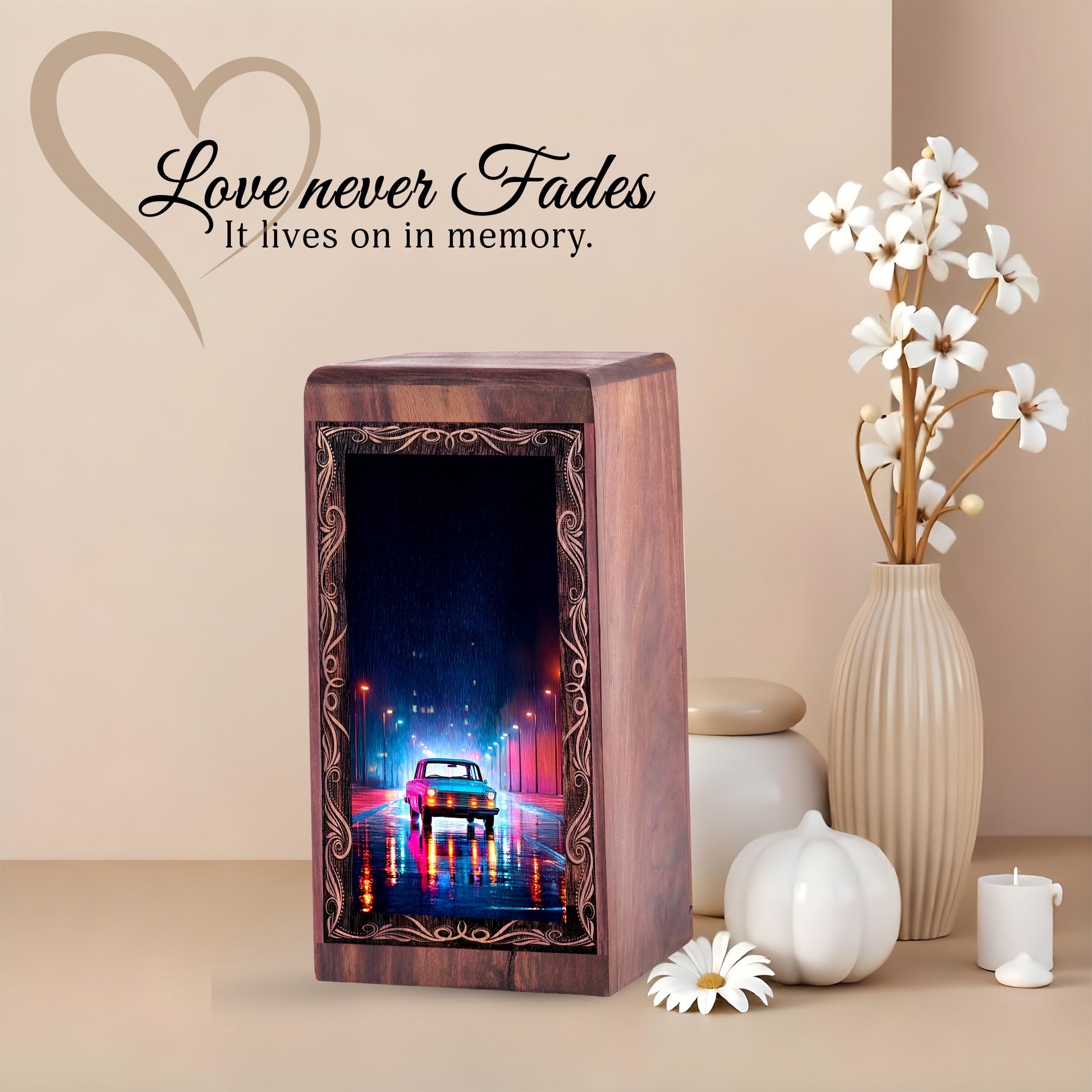 Car Wood Cremation Urn for Human Ashes – Night Theme Wooden Urn Box for Adult Male