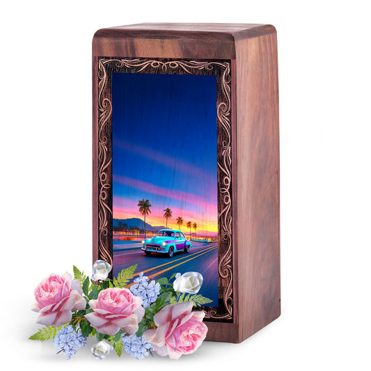 Car Cremation Urns Wooden Box – Beach Sunset Theme Wood Urn for Ashes
