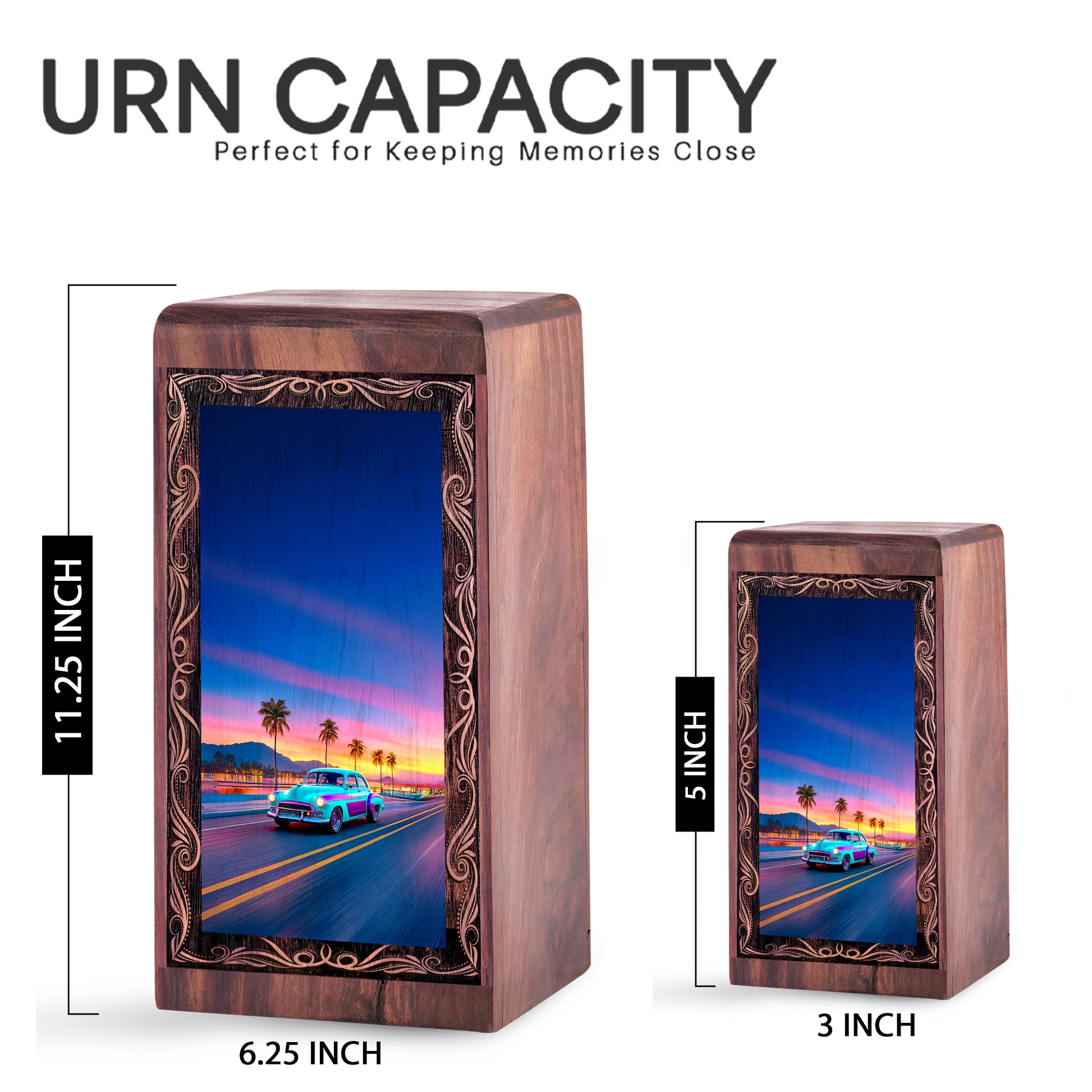 Car Cremation Urns Wooden Box – Beach Sunset Theme Wood Urn for Ashes