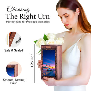 Car Cremation Urns Wooden Box – Beach Sunset Theme Wood Urn for Ashes