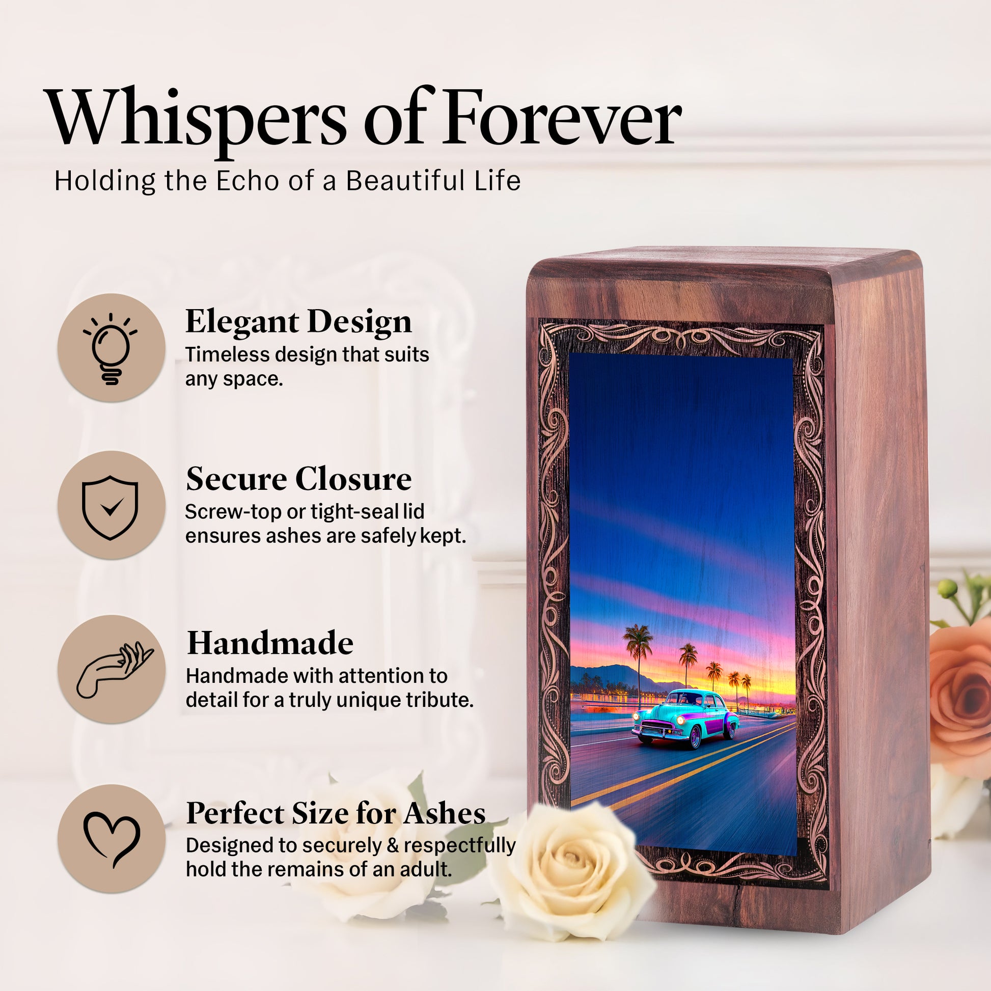 Car Cremation Urns Wooden Box – Beach Sunset Theme Wood Urn for Ashes