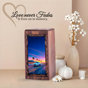 Car Cremation Urns Wooden Box – Beach Sunset Theme Wood Urn for Ashes