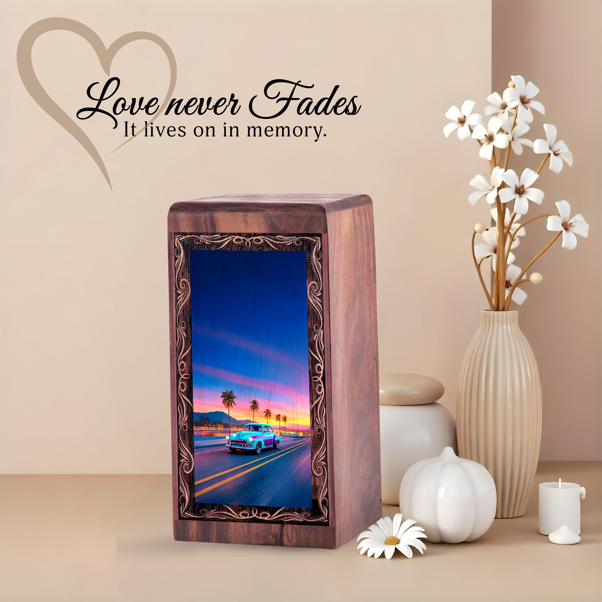 Car Cremation Urns Wooden Box – Beach Sunset Theme Wood Urn for Ashes