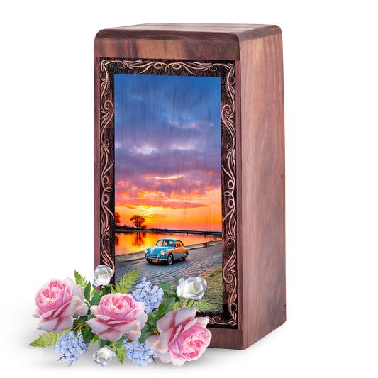 Handmade Car Wood Urn Box for Ashes – Classic Sunset Lake Theme Wooden Urn For Woman