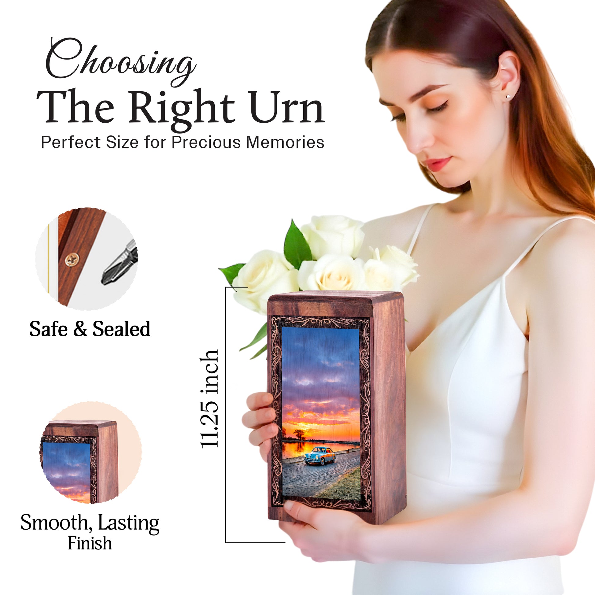 Handmade Car Wood Urn Box for Ashes – Classic Sunset Lake Theme Wooden Urn For Woman