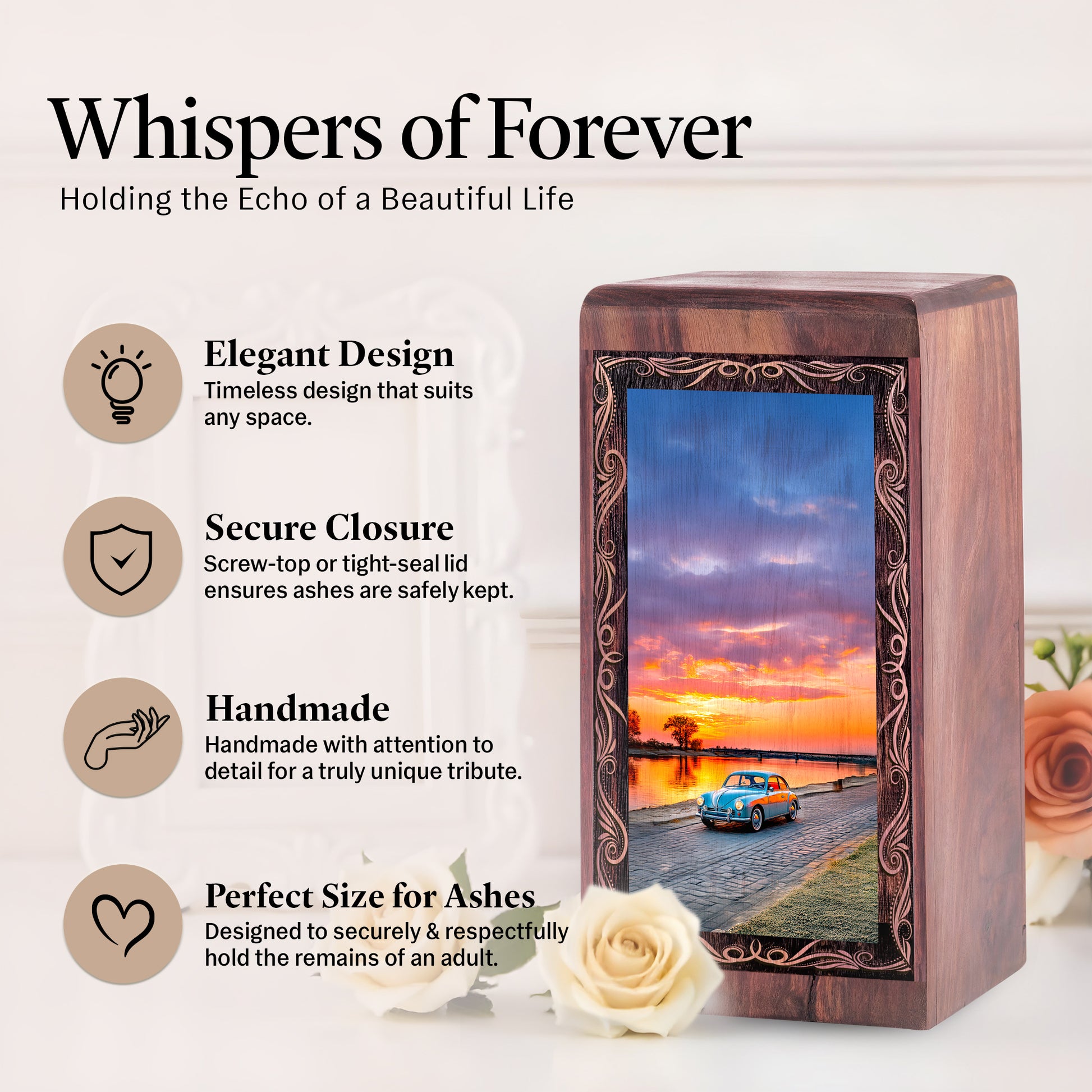 Handmade Car Wood Urn Box for Ashes – Classic Sunset Lake Theme Wooden Urn For Woman