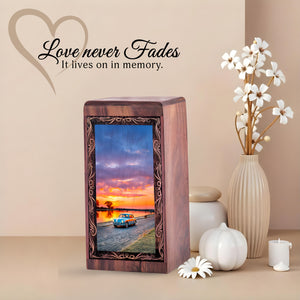 Handmade Car Wood Urn Box for Ashes – Classic Sunset Lake Theme Wooden Urn For Woman