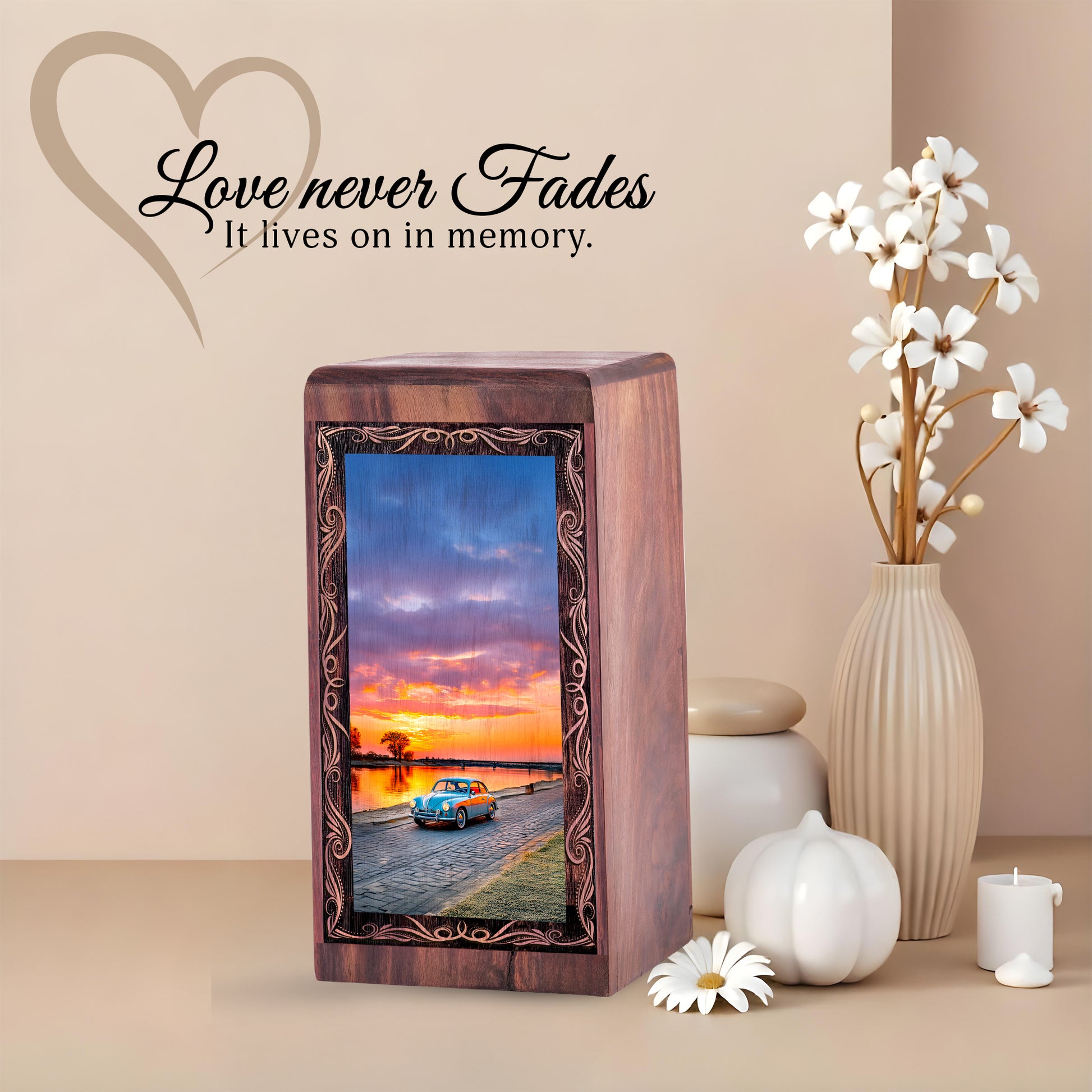 Handmade Car Wood Urn Box for Ashes – Classic Sunset Lake Theme Wooden Urn For Woman