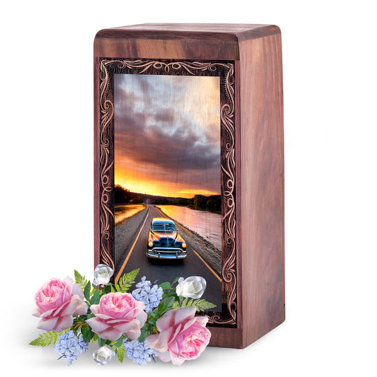 Vintage Car Memorial Urn For Ashes – Handmade Wooden Cremation Urn For Mom & Dad