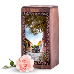 Artistic Car Wood Cremation Urn - Rustic Village Theme Memorial Urn For Burial