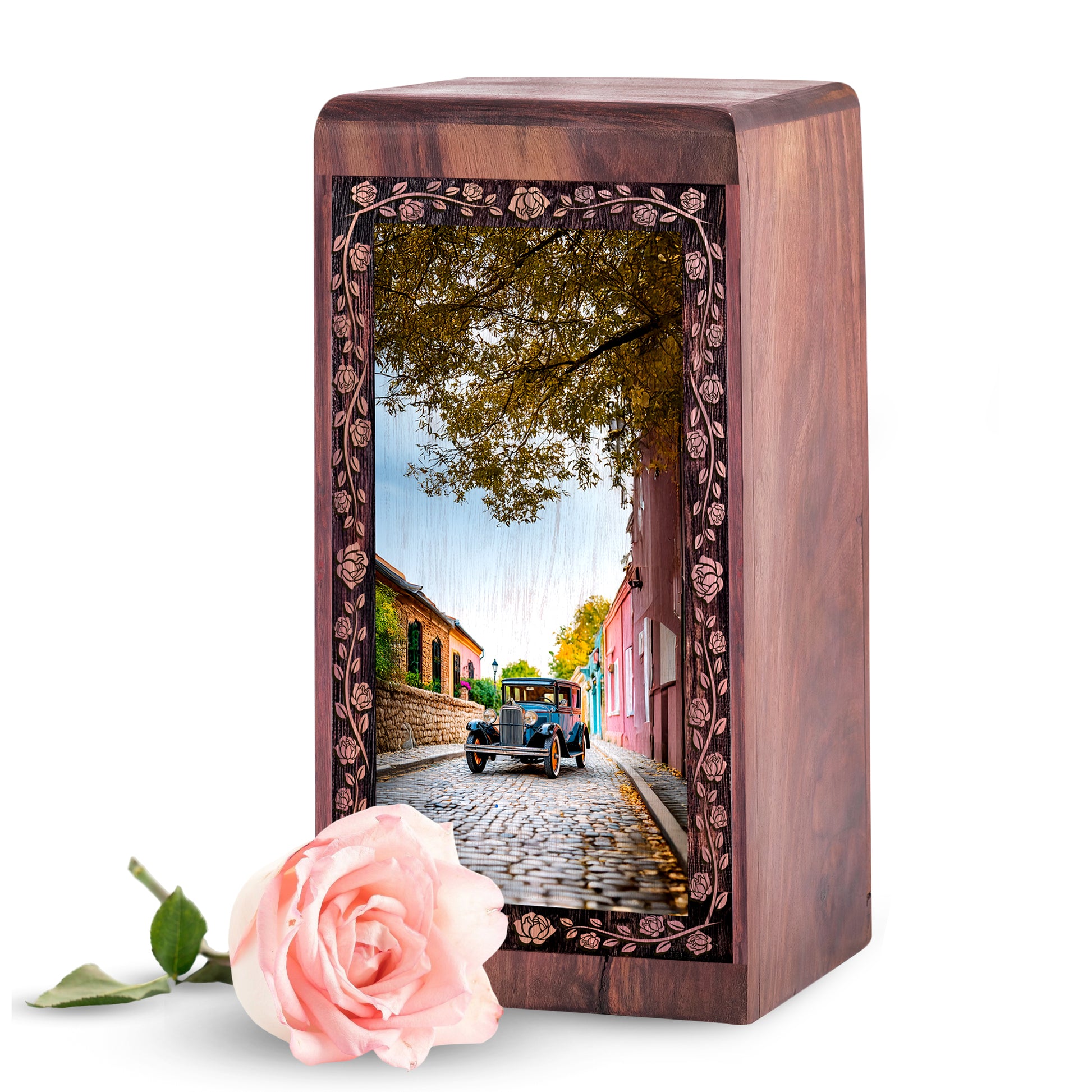 Artistic Car Wood Cremation Urn - Rustic Village Theme Memorial Urn For Burial