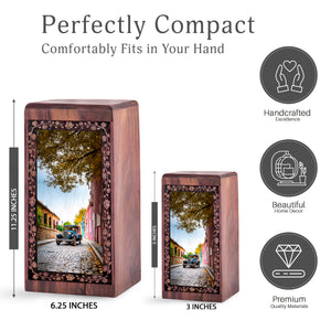 Artistic Car Wood Cremation Urn - Rustic Village Theme Memorial Urn For Burial
