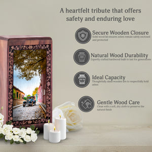 Artistic Car Wood Cremation Urn - Rustic Village Theme Memorial Urn For Burial