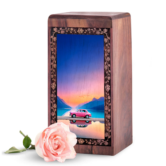 Car Mountain Lake Sunset Wooden Cremation Urn – Pink Vintage Theme Funeral For Male