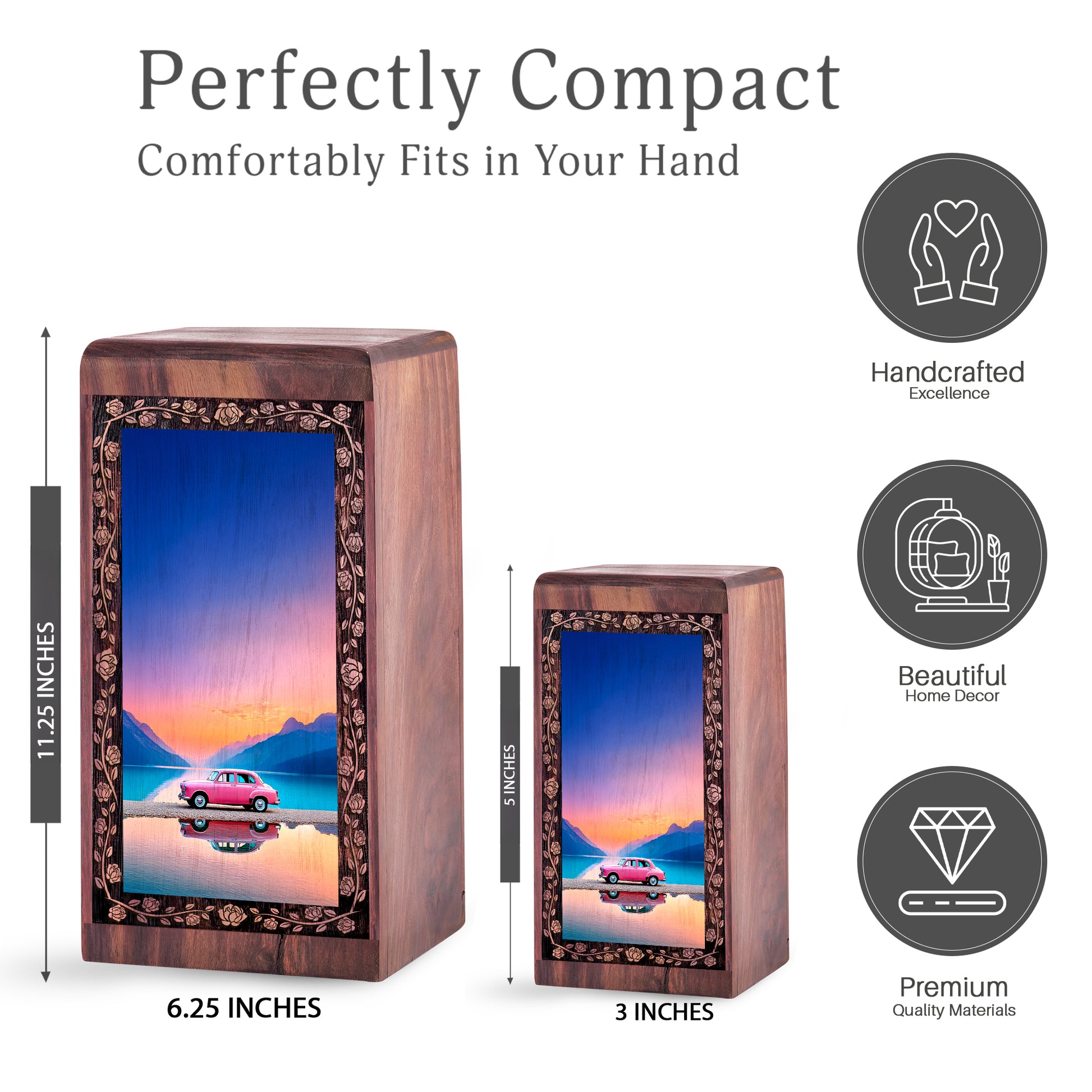 Car Mountain Lake Sunset Wooden Cremation Urn – Pink Vintage Theme Funeral For Male