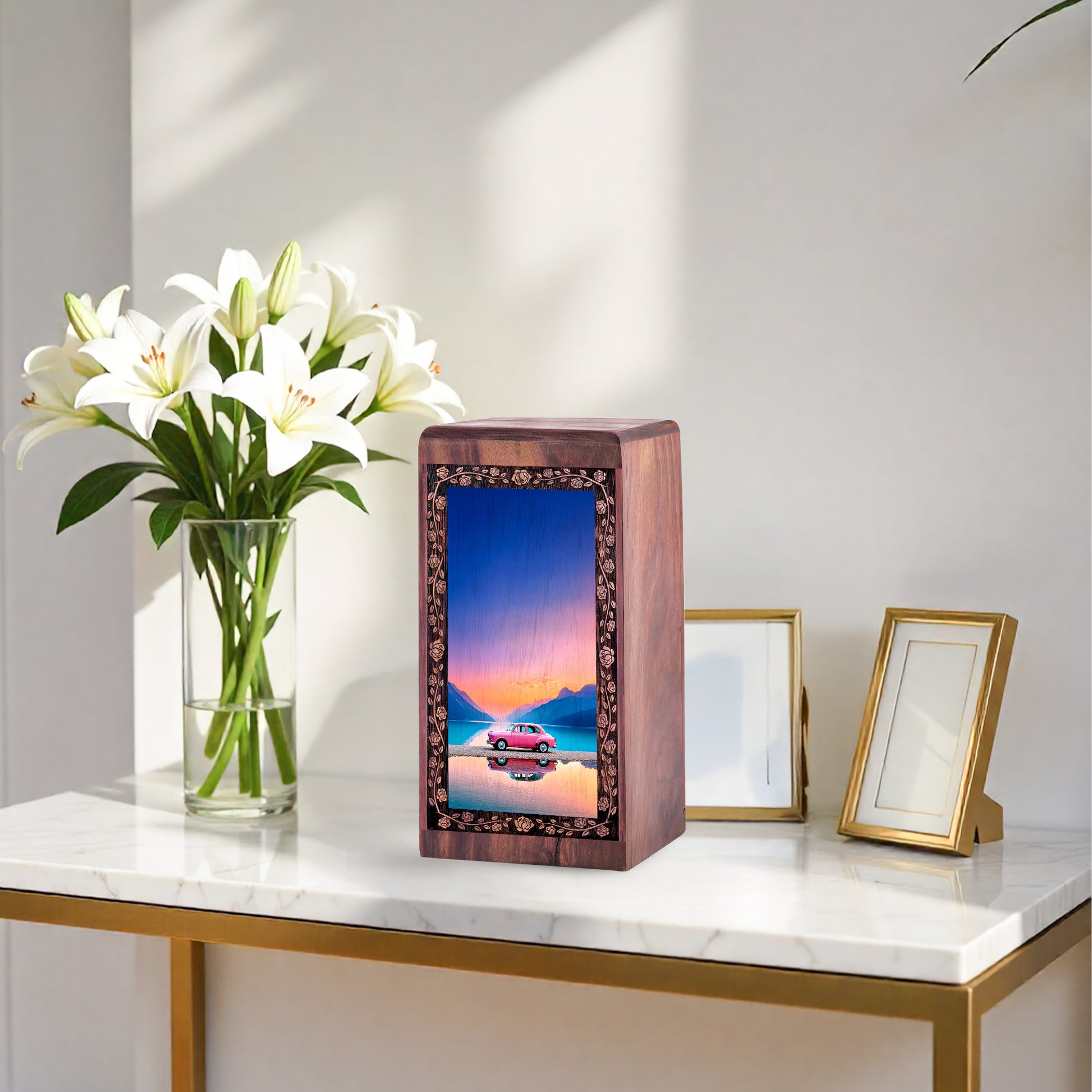 Car Mountain Lake Sunset Wooden Cremation Urn – Pink Vintage Theme Funeral For Male