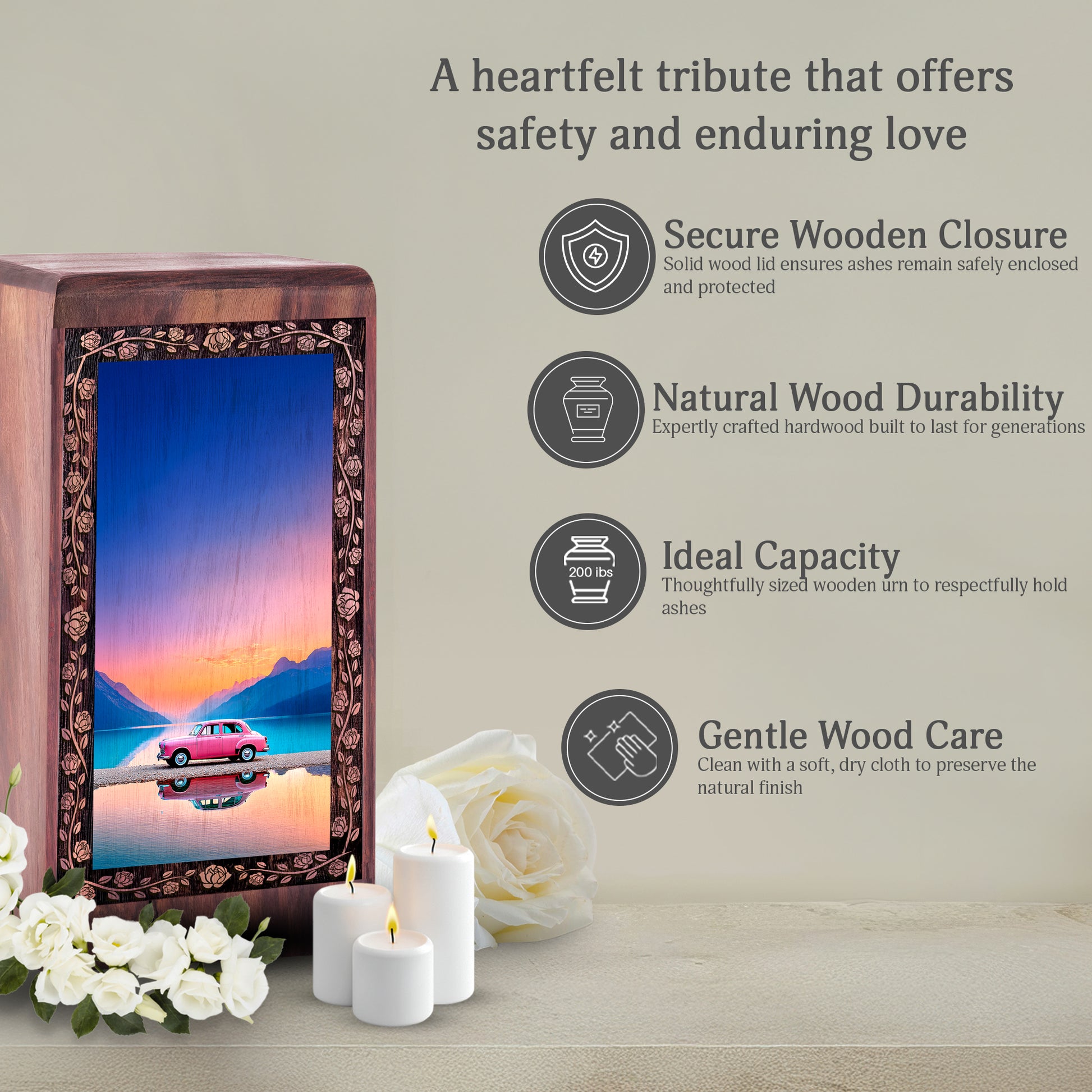 Car Mountain Lake Sunset Wooden Cremation Urn – Pink Vintage Theme Funeral For Male