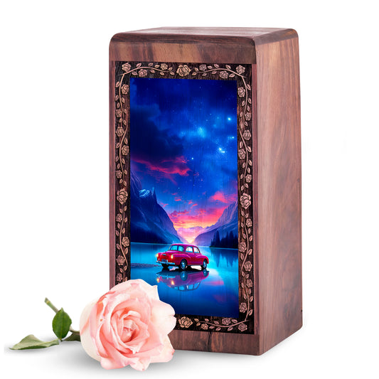 Galaxy Car Night Wooden Cremation Urn - Handmade Keepshake For Human Adults