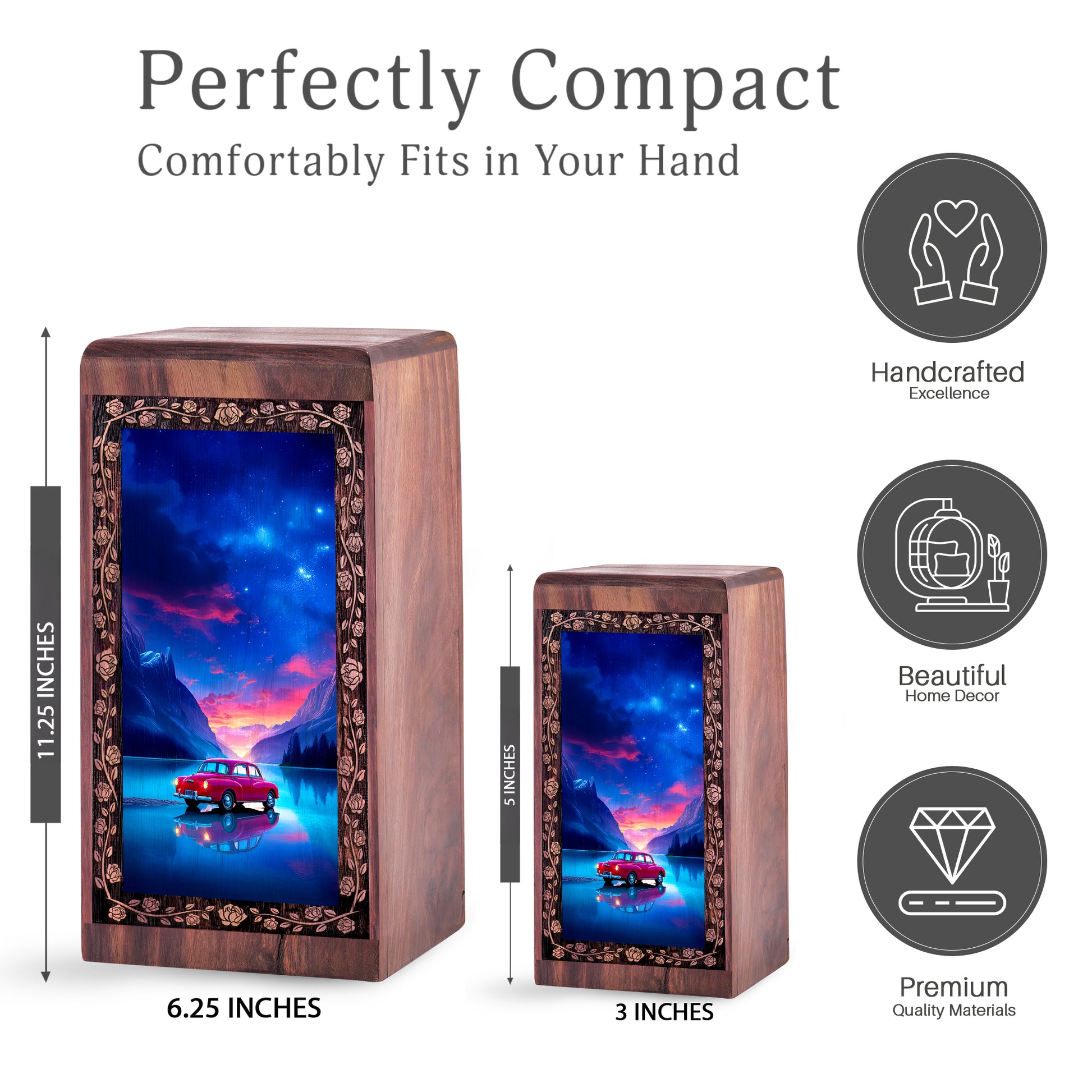 Galaxy Car Night Wooden Cremation Urn - Handmade Keepshake For Human Adults