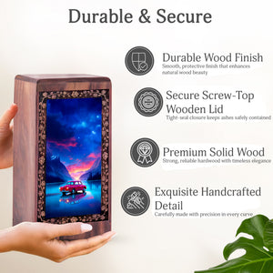 Galaxy Car Night Wooden Cremation Urn - Handmade Keepshake For Human Adults
