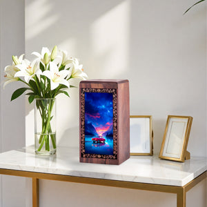 Galaxy Car Night Wooden Cremation Urn - Handmade Keepshake For Human Adults