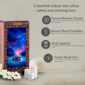 Galaxy Car Night Wooden Cremation Urn - Handmade Keepshake For Human Adults
