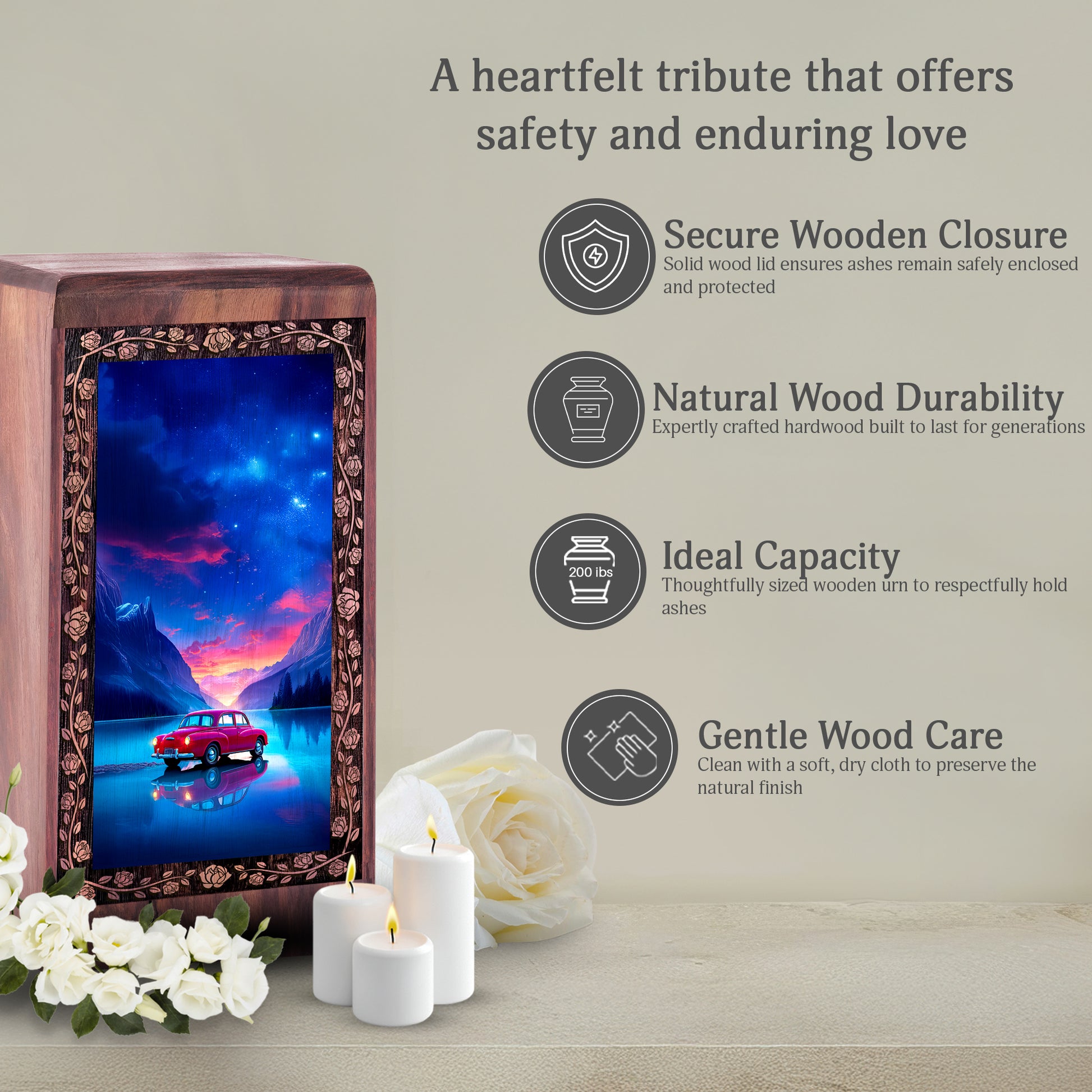 Galaxy Car Night Wooden Cremation Urn - Handmade Keepshake For Human Adults