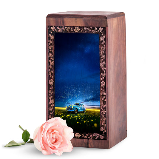 Starry Night Car Wooden Cremation Urn – Vintage Blue Theme Decorative Urn For Human Ashes