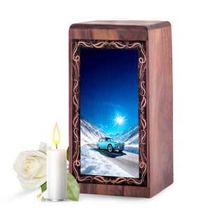 Snowy Mountain Car Drive Urn – Decorative Wood Memorial Box For Female