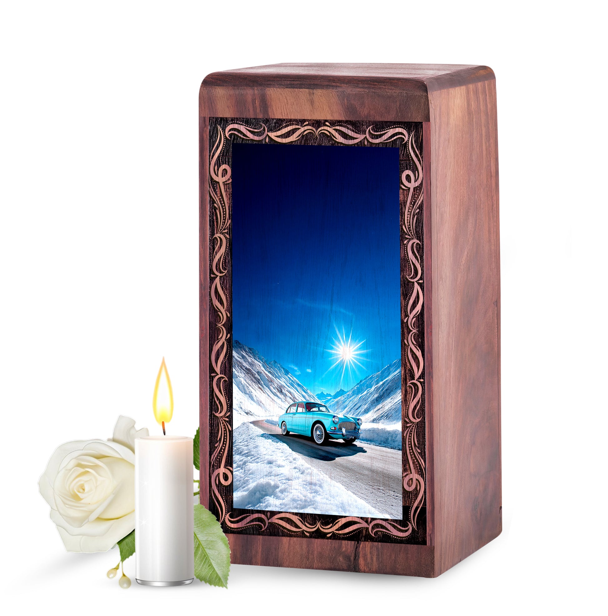 Snowy Mountain Car Drive Urn – Decorative Wood Memorial Box For Female