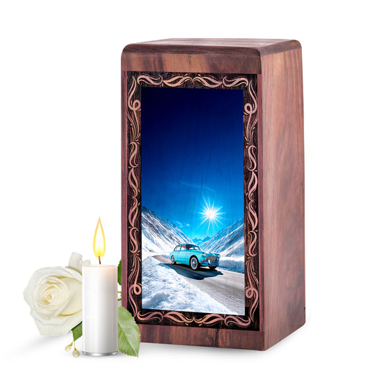 Snowy Mountain Car Drive Urn – Decorative Wood Memorial Box For Female
