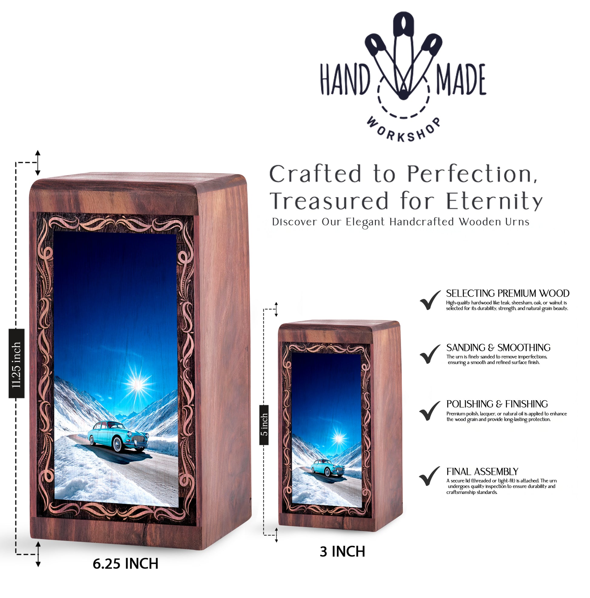 Snowy Mountain Car Drive Urn – Decorative Wood Memorial Box For Female