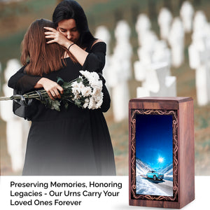 Snowy Mountain Car Drive Urn – Decorative Wood Memorial Box For Female