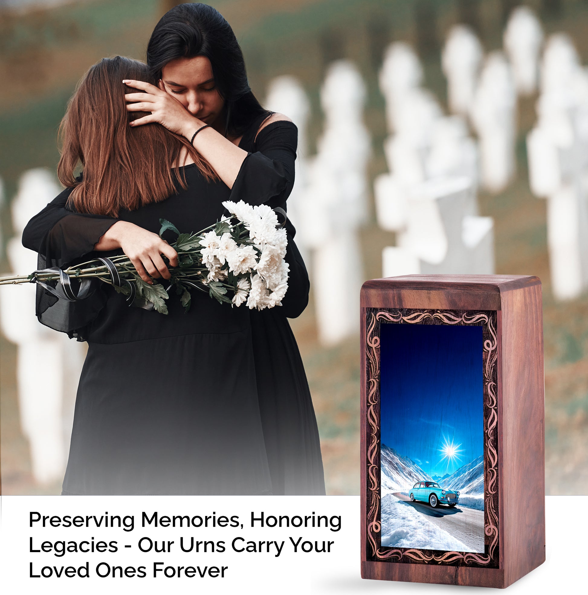 Snowy Mountain Car Drive Urn – Decorative Wood Memorial Box For Female