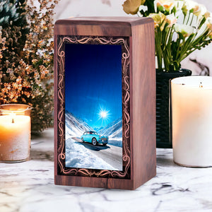 Snowy Mountain Car Drive Urn – Decorative Wood Memorial Box For Female