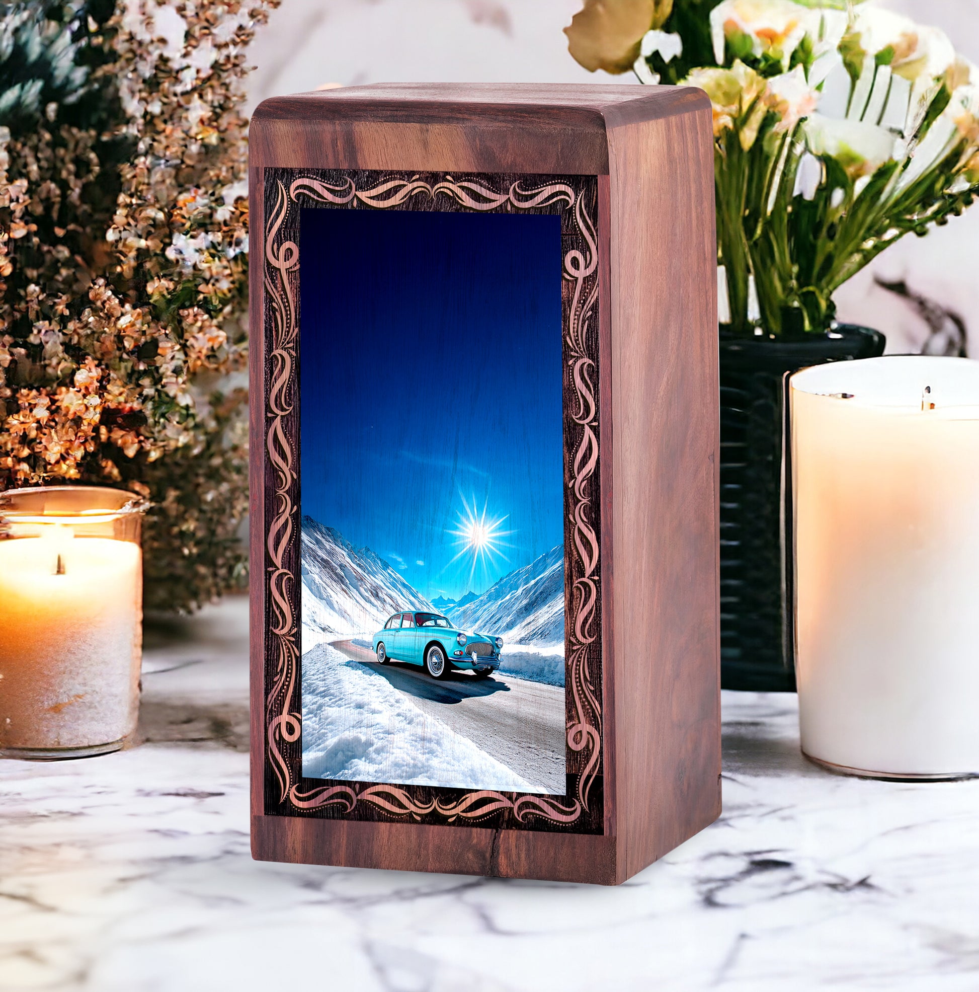 Snowy Mountain Car Drive Urn – Decorative Wood Memorial Box For Female