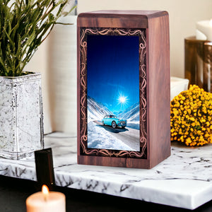 Snowy Mountain Car Drive Urn – Decorative Wood Memorial Box For Female