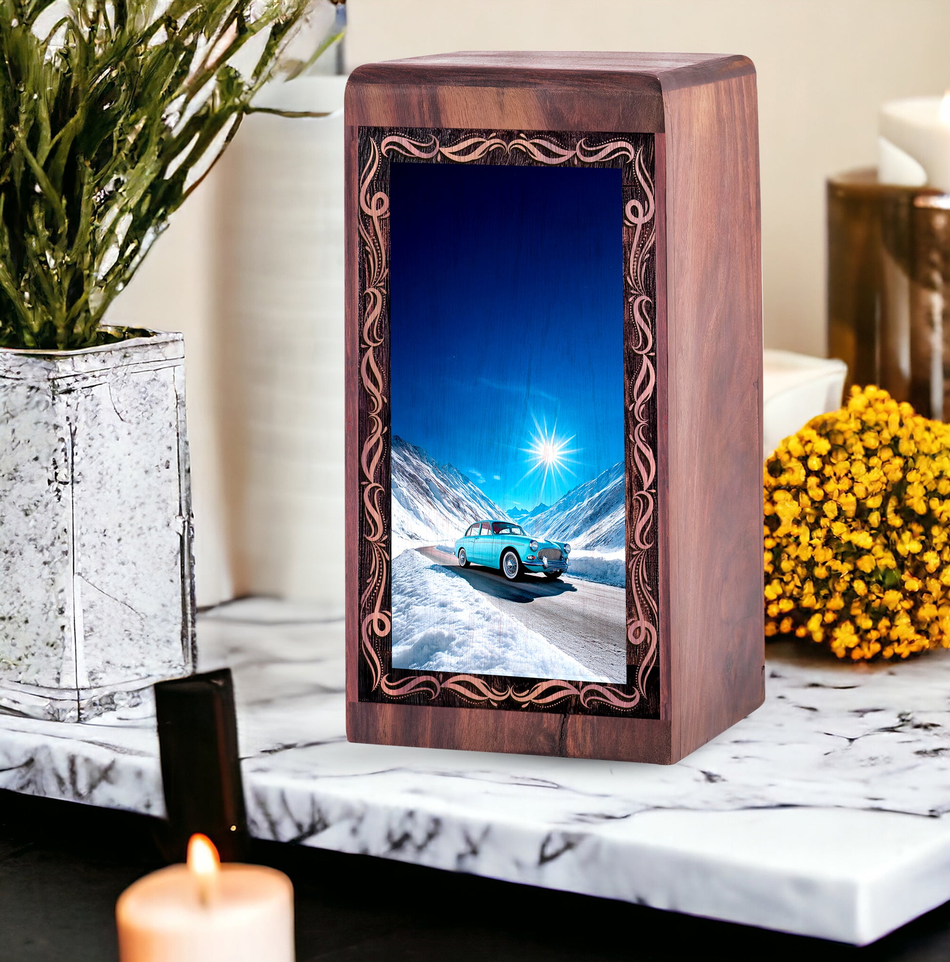 Snowy Mountain Car Drive Urn – Decorative Wood Memorial Box For Female
