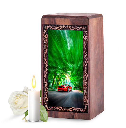 Red Sports Car Wooden Cremation Urn - Racing Car Theme For Burial Memorial