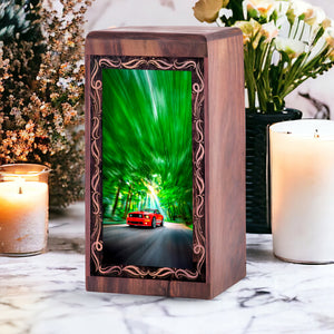 Red Sports Car Wooden Cremation Urn - Racing Car Theme For Burial Memorial