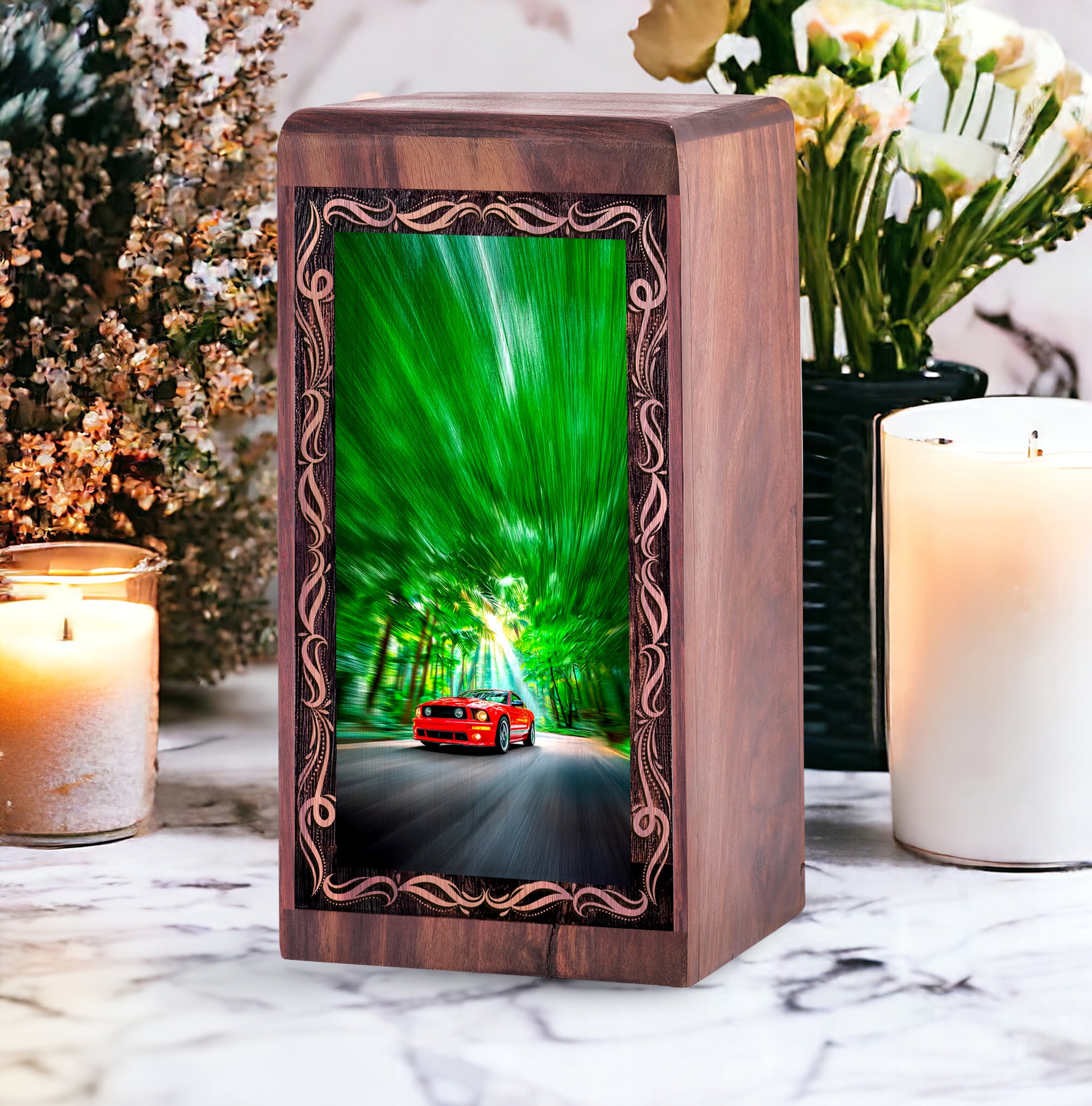 Red Sports Car Wooden Cremation Urn - Racing Car Theme For Burial Memorial