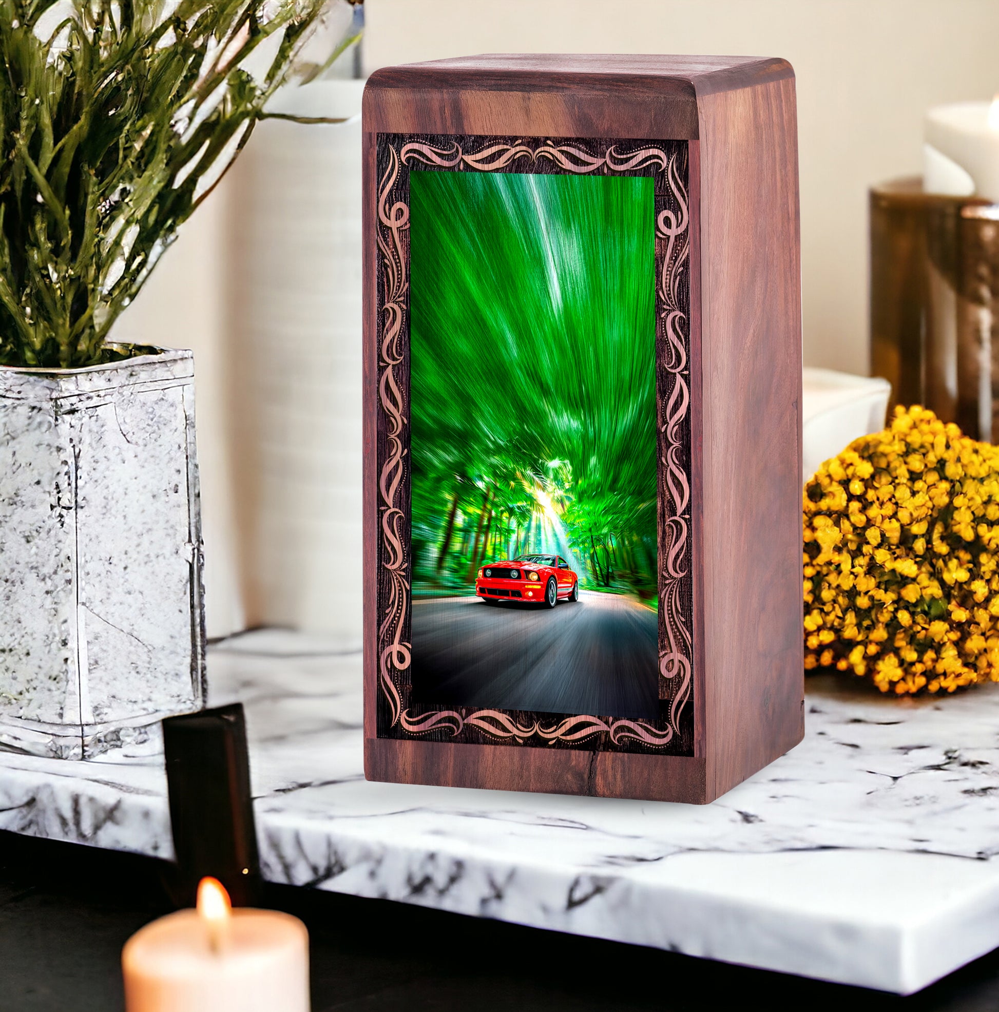Red Sports Car Wooden Cremation Urn - Racing Car Theme For Burial Memorial