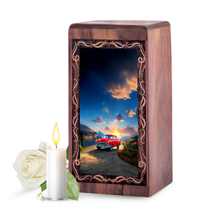 Sunset Village Wooden Cremation Urn – Classic Red Car Wood Urn For Human Ashes